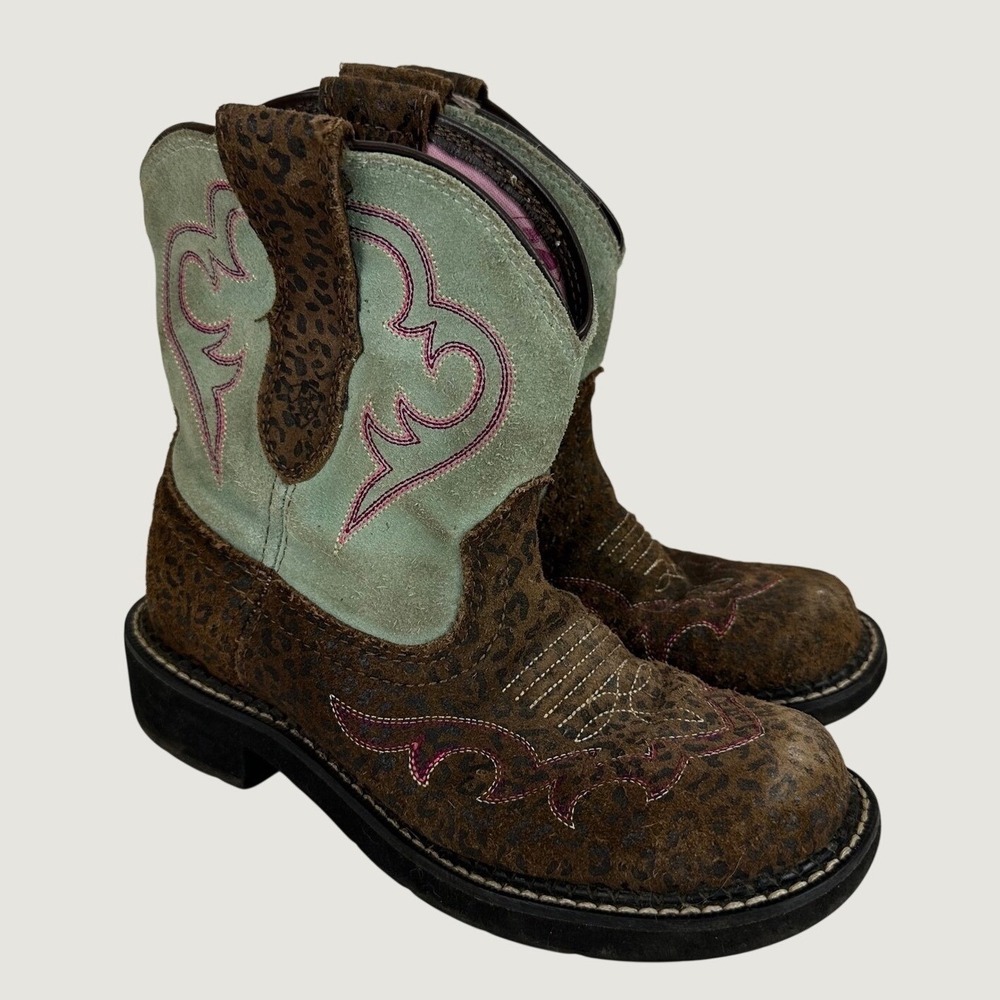 Ariat‎ Fatbaby Cowgirl Boots Brown Leopard Sage Green Pink Womens sz 6.5 Western